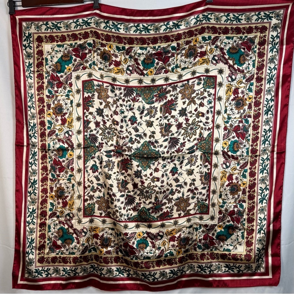 Large 42” Floral Silk Scarf Colorful Shawl Multi Border Red Green Gold Burgundy - Picture 2 of 7